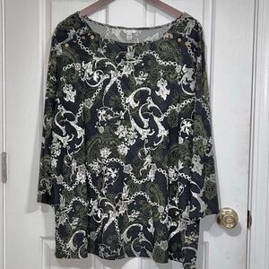 Est. 1946 Plus Size 18/20W Black White Green Chain Scroll Pattern Top Blouse